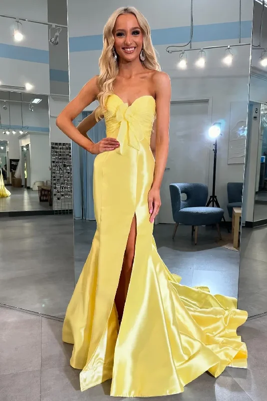 Strapless Mermaid Bow Sleeveless Satin Long Formal Prom Dress with Slit