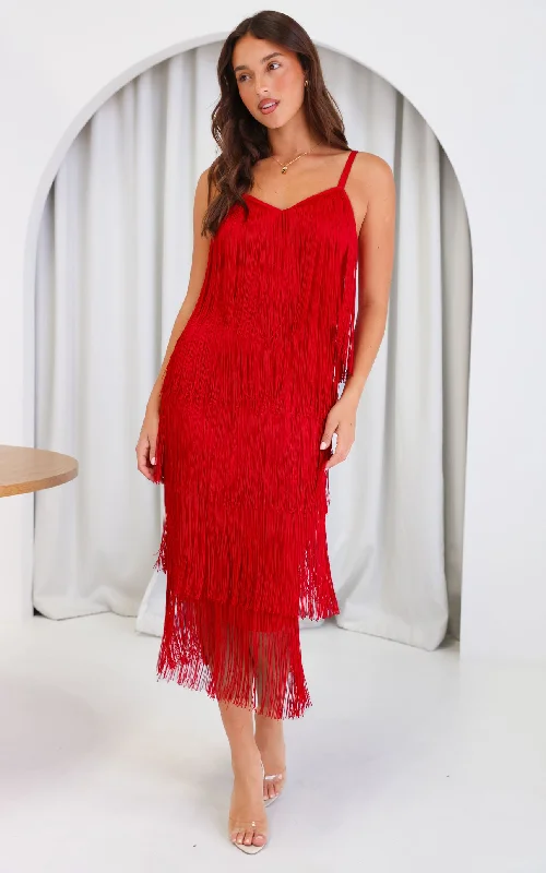 You Found Me Fringe Tassel Maxi Dress - Red