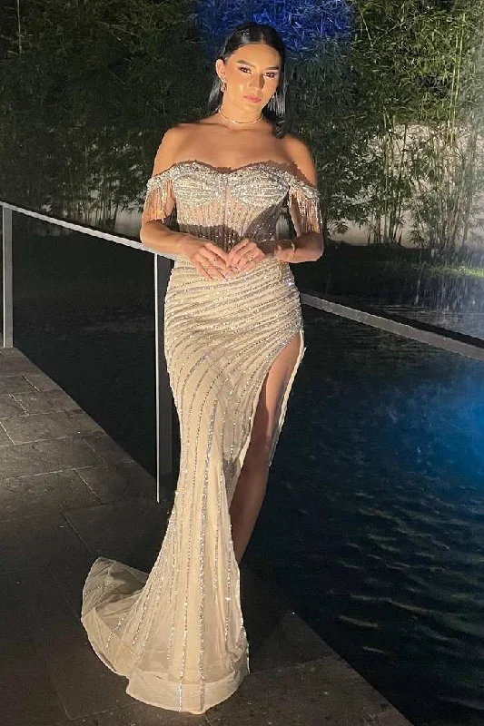 Stunning Off-Shoulder Beads Side Slit Mermaid Long Prom Formal Dress