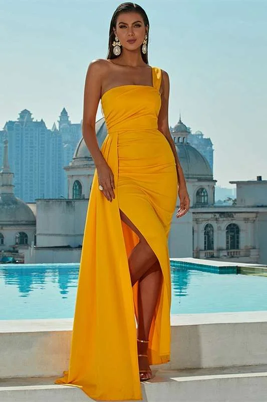 Elegant Yellow One-Shoulder Long Formal Dress with Attached Train