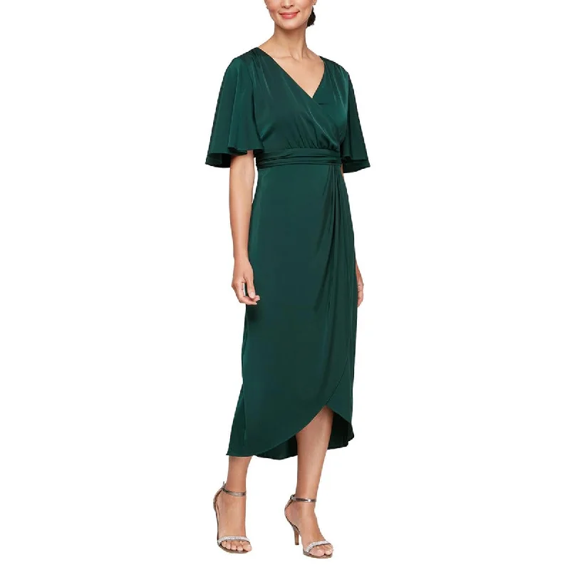 Petites Womens Below Knee Surplice Midi Dress