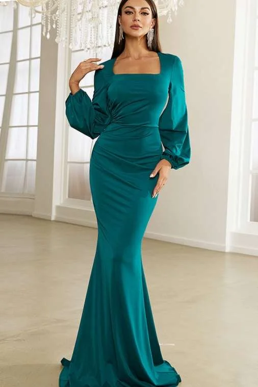 Green Square Neck Long Sleeve Mermaid Formal Gown