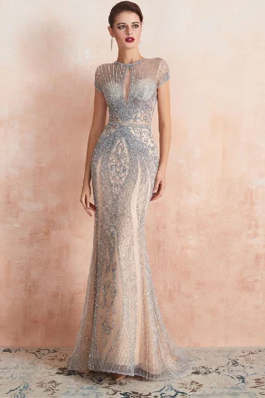 Gorgeous Grey Cap Sleeve Beaded Mermaid Dress