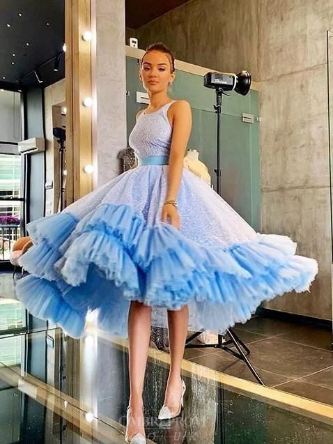 Round Neck Blue Shiny Cake Dresses, Ruffled Prom Dresses, 2022 Prom Dresses, Affordable Prom Dresses