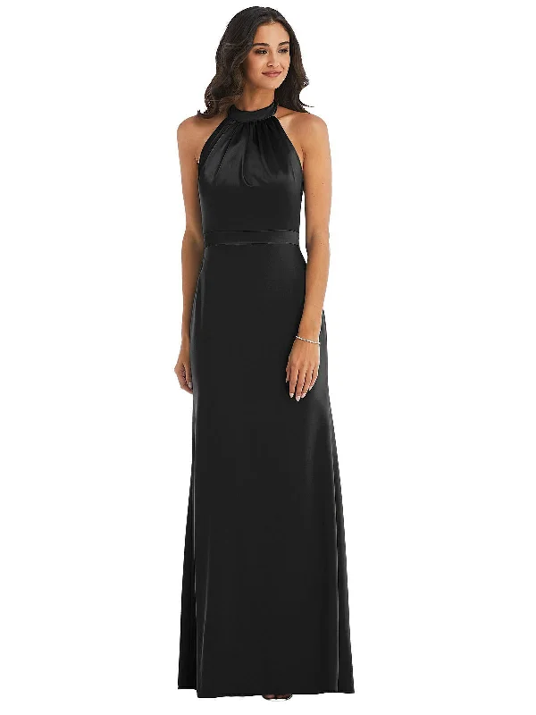 High-Neck Open-Back Maxi Dress with Scarf Tie