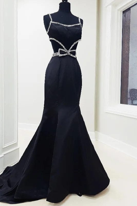 Black Mermaid Straps Bow Beads Scoop Satin Long Prom Formal Dress