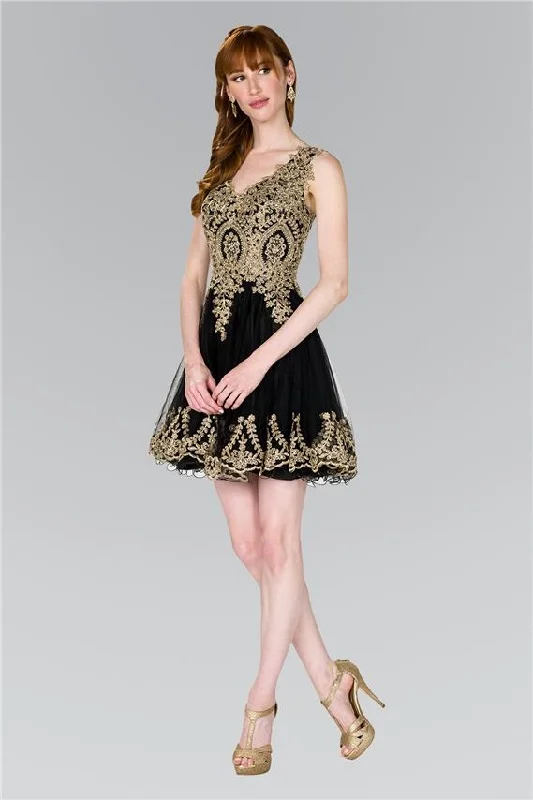 Elizabeth K - GS2403 Gold Lace Applique Tulle Cocktail Dress