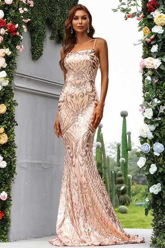 Rose Golden Sequin Spaghetti Strap Mermaid Long Formal Dress