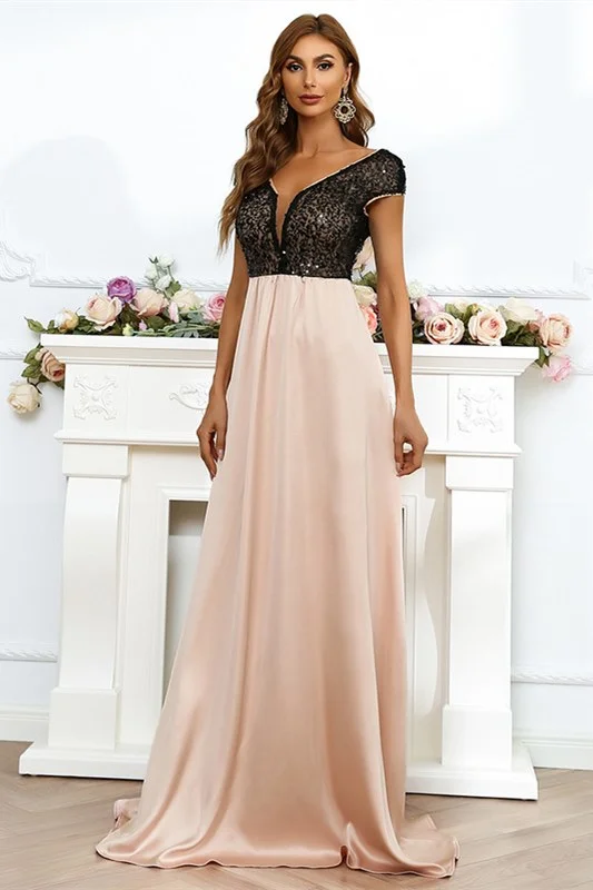 Champagne Sequin Chiffon V-Neck Backless Long Evening Dress