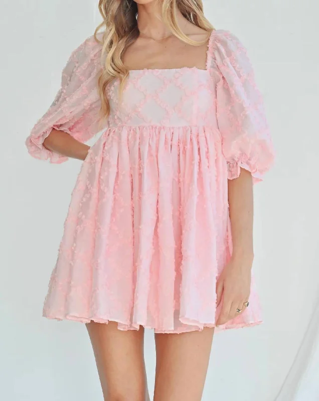 Ribbon Textured Puff Sleeve Babydoll Mini Dress In Baby Pink