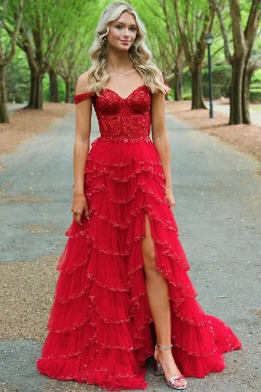 Stunning Off-Shoulder Sweetheart A-Line Layered Prom Dress with Slit