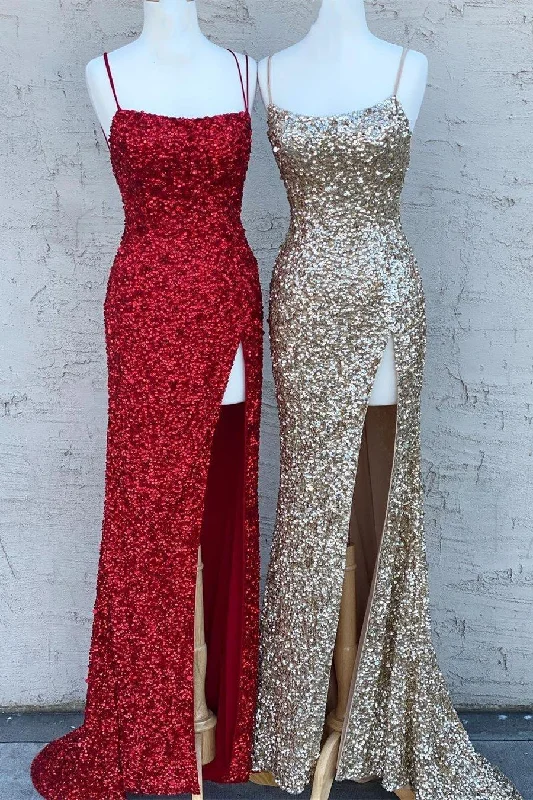 Spaghetti Straps Gold Sequins Mermaid Long Formal Dress