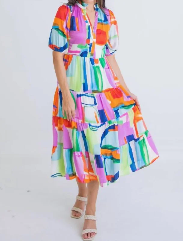 Abstract Tiered Midi Dress in Multi