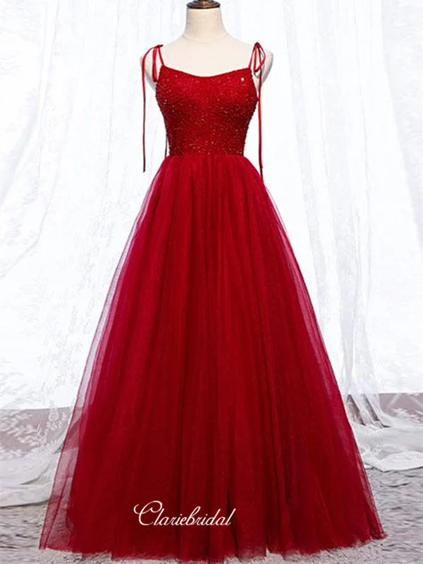 Red Color Tulle Prom Dresses, Beaded A-line Prom Dresses, Popular Newest Prom Dresses