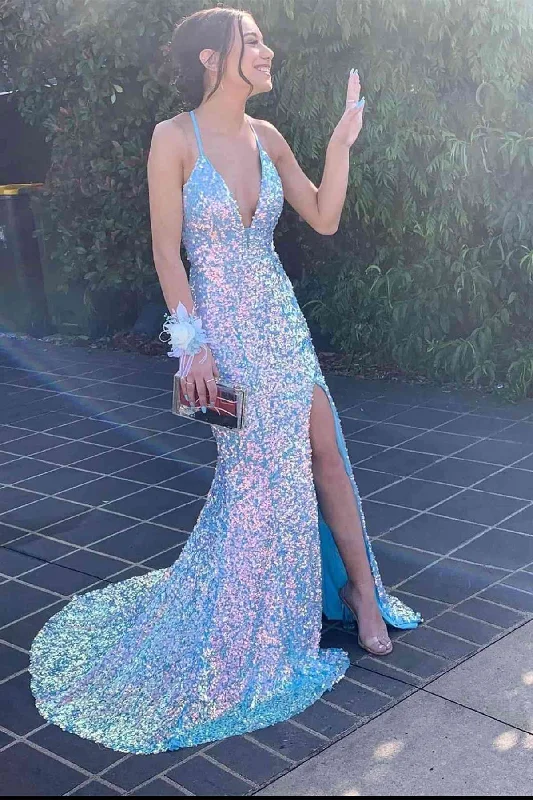 Iridescent Blue Sequin V-Neck Mermaid Long Formal Dress