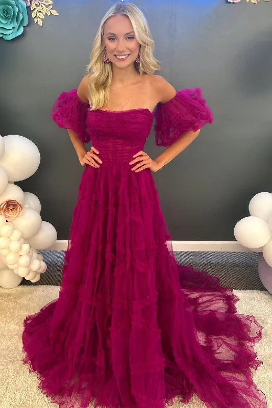 Magenta Strapless Ruffles A-Line Long Formal Dress with Puff Sleeves