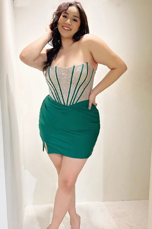 Emerald Strapless Ruching Hotfix Dress