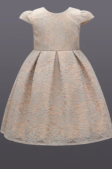 Champagne Lace Cap Sleeve Bow Back Girl Party Dress