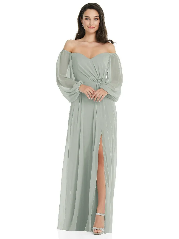 Off-the-Shoulder Puff Sleeve Maxi Dress with Front Slit