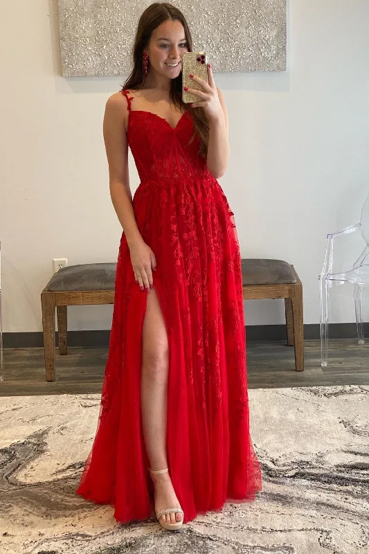 Red Floral Lace Applique Side Slit Long Formal Dress