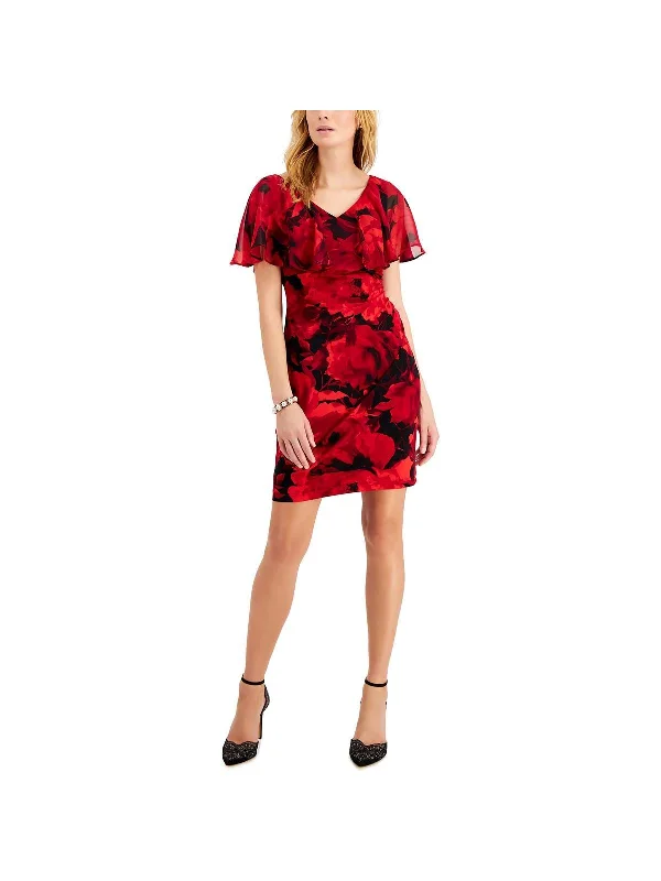 Petites Womens Printed Mini Cocktail And Party Dress