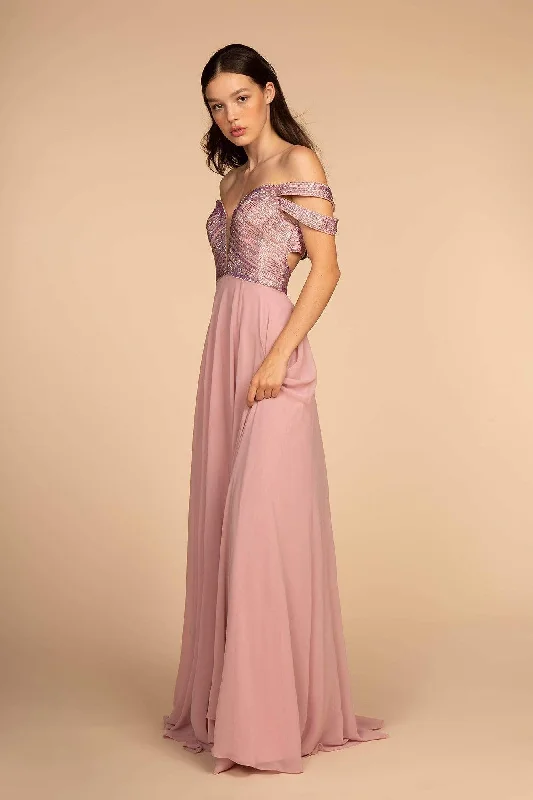 Elizabeth K - GL2527 Jeweled Bodice Plunging Off Shoulder Gown