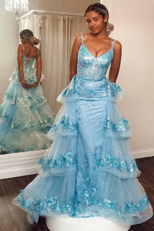 Blue Sequin Lace V-Neck Pageant Dress with Attached Train