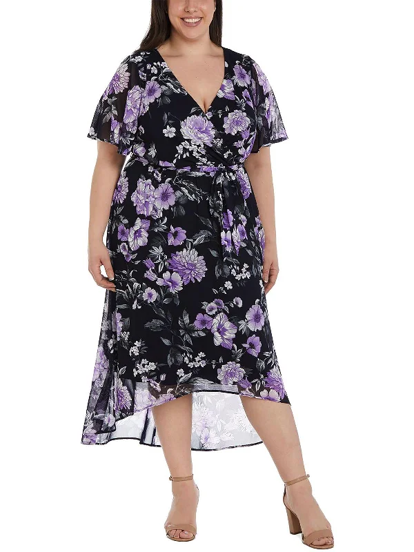 Plus Womens Mesh Floral Midi Dress