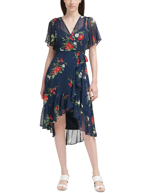 Petites Womens Floral Printed Faux Wrap Midi Dress