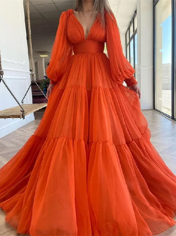 V-neck Long Sleeves Chiffon Long Prom Dresses, Gorgeous 2021 Prom Dresses, Newest Prom Dresses