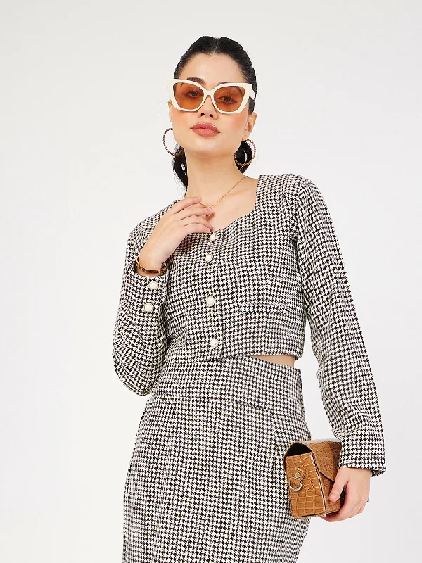 Women Black Houndstooth Tweed Square Neck Top