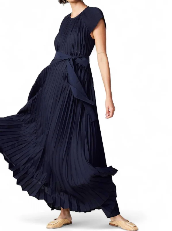 Fluttered Maxi Pleated Dress In Navy