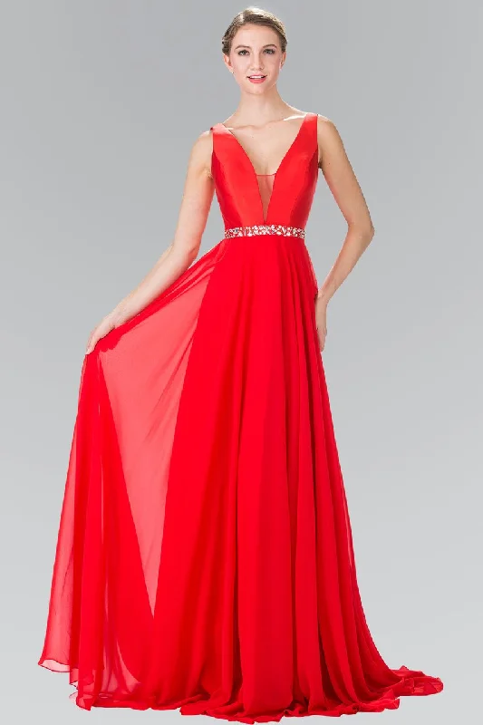 Elizabeth K - GL2293 V-Neck with Embellished Waist Chiffon Gown