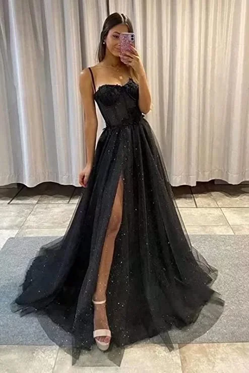 Black Floral Lace Straps A-Line Prom Dress with Slit