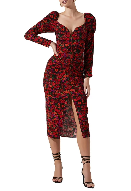 Jamila Floral Sweetheart Neck Midi Dress in Red Orange Multi