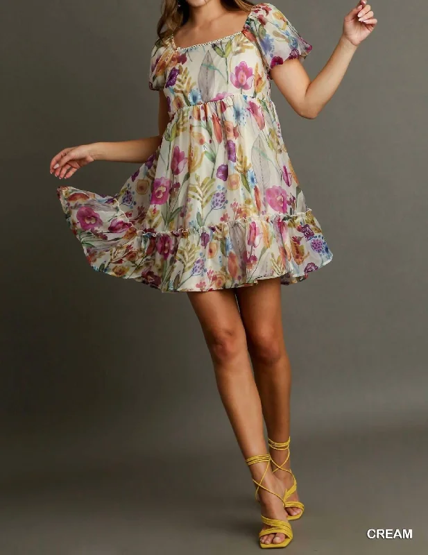 Short Balloon Sleeve Organza Dress In Floral Print