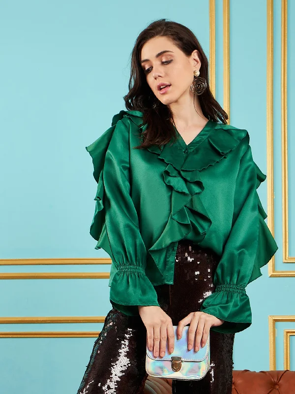 Women Green Satin Frill Top