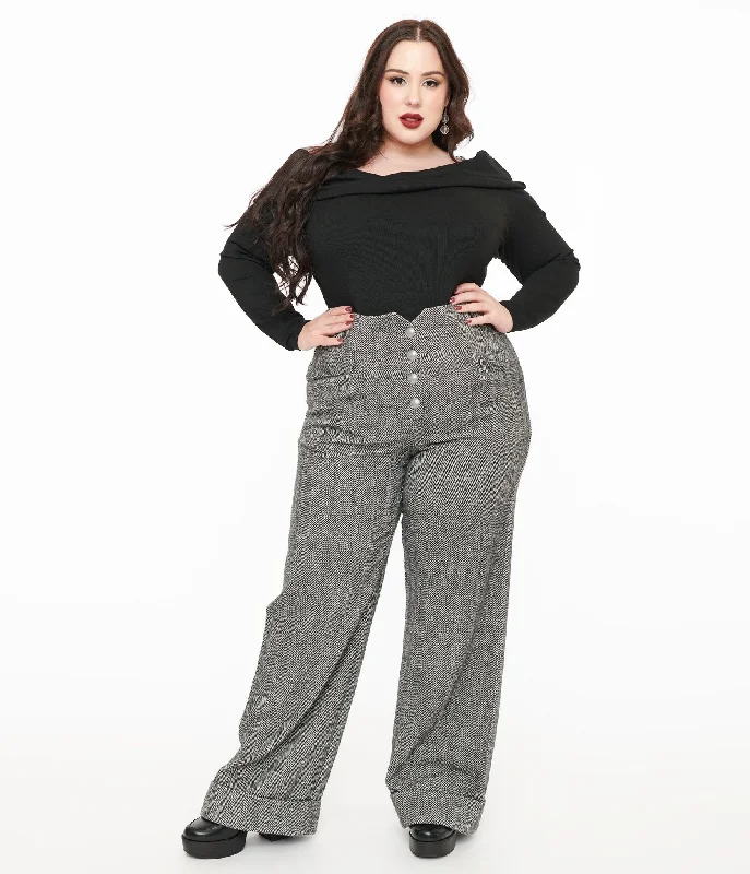 Unique Vintage Plus Size 1940s Grey Herringbone Buttoned Wide Leg Trousers