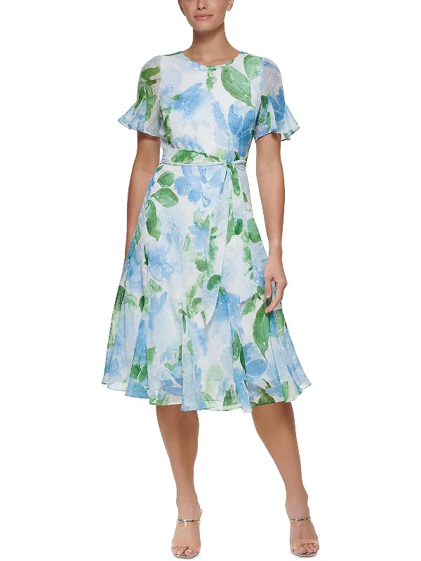 Zelda Womens Chiffon Printed Midi Dress