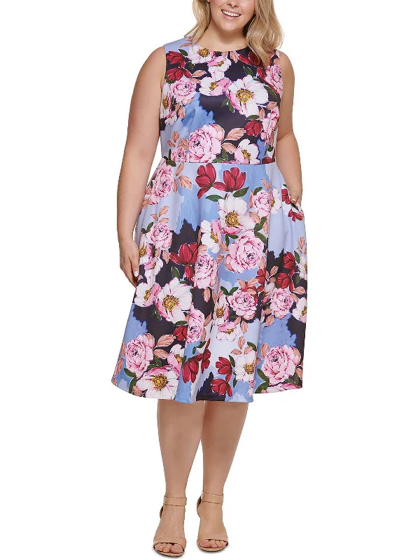 Plus Womens Floral Print Midi Fit & Flare Dress