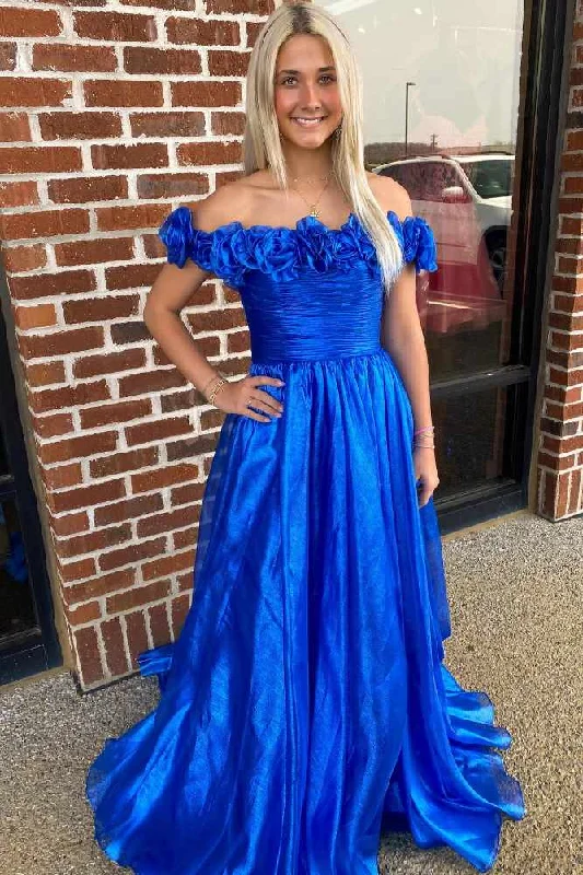 Blue Off the Shoulder A-Line Prom Dress with  3D Floral