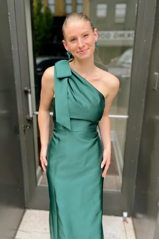 Elegant Green One Shoulder Bow Satin Pleated Long Formal Prom Dress