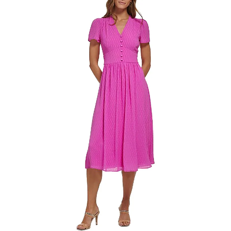 Womens VNeck Midi Midi Dress