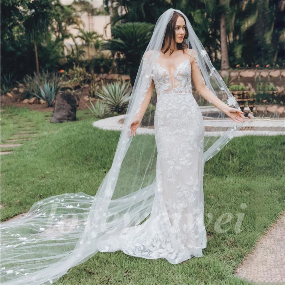 Boho Mermaid Wedding Dress Long Sheer Sleeve Bridal Dresses Beach Backless Elegant Lace Applique Wedding Gowns Vestido De Noiva