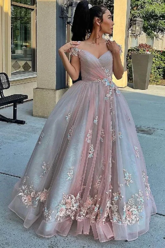 Off the Shoulder Blush Pink Appliques Long Formal Dress