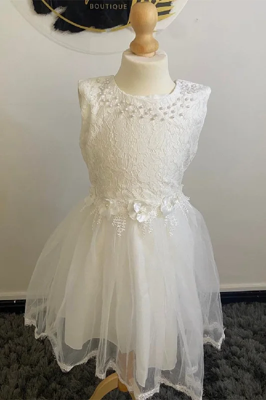 White Lace Pearls Sleeveless Tie-Back Girl Party Dress