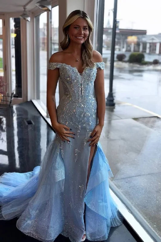 Off-Shoulder V-Neck Appliques Mermaid Long Formal Prom Dress with Slit