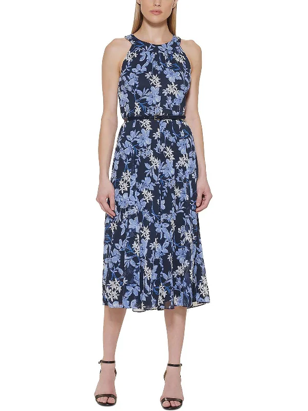 Womens Floral Print Midi Fit & Flare Dress