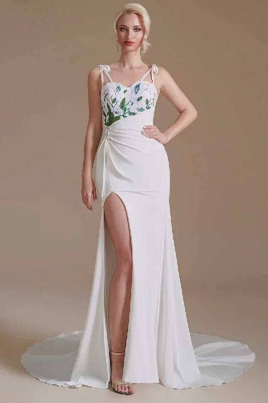 White Straps Appliques Backless Sheath Bridal Gown with Slit