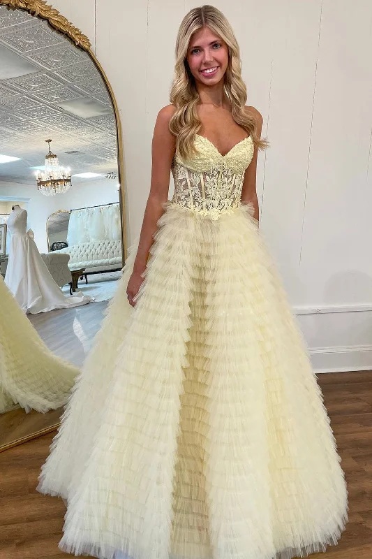 Yellow Appliques Sweetheart Ruffle Tiered A-Line Prom Dress